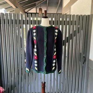 Bavarian LINZNER Detailed Floral Blue Wool~Linen Button Down Sweater